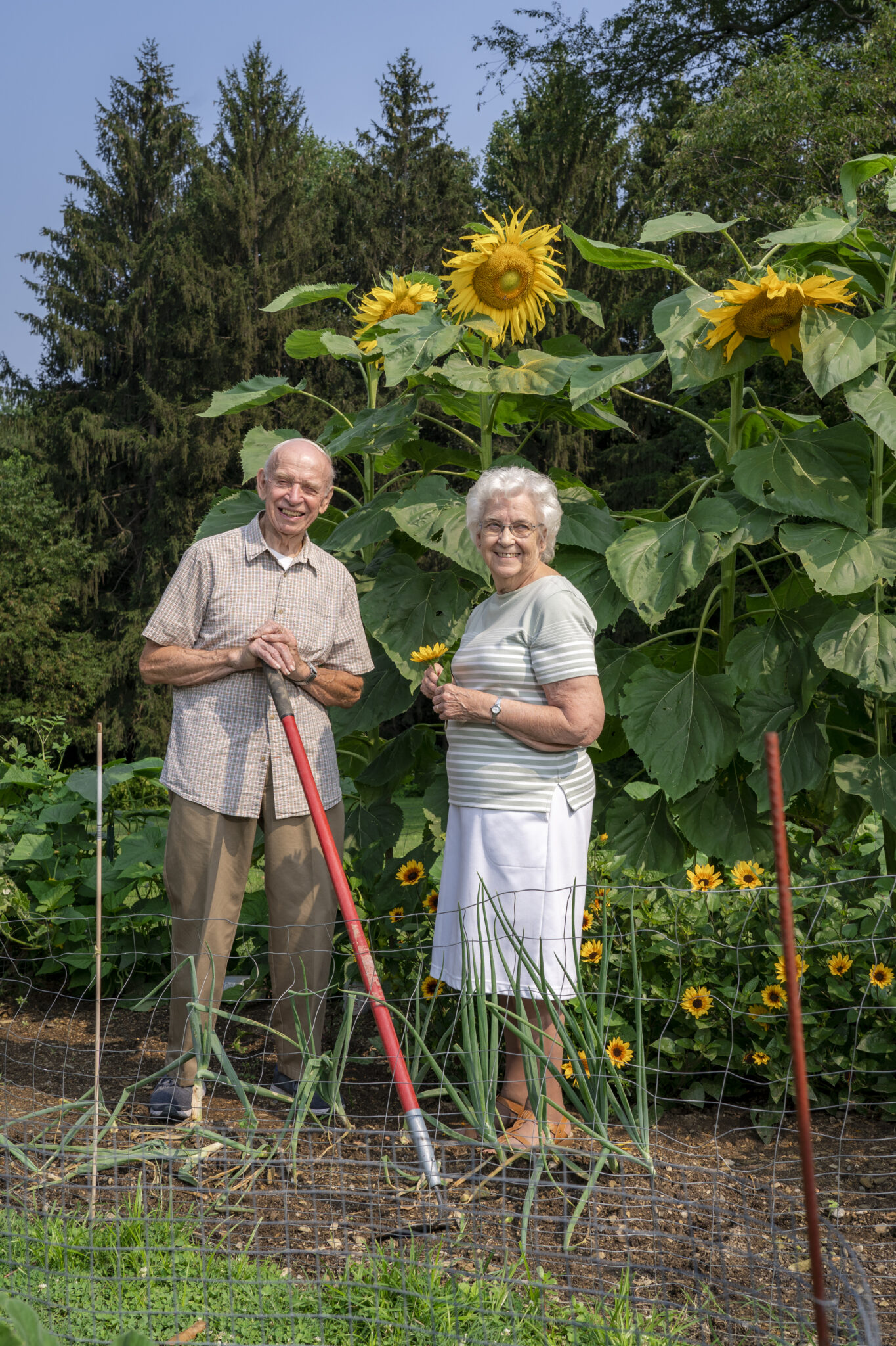 United Zion Retirement Community senior residents standing in the on-site garden featuring sunflowers, and plenty of fresh clean air | UZRC