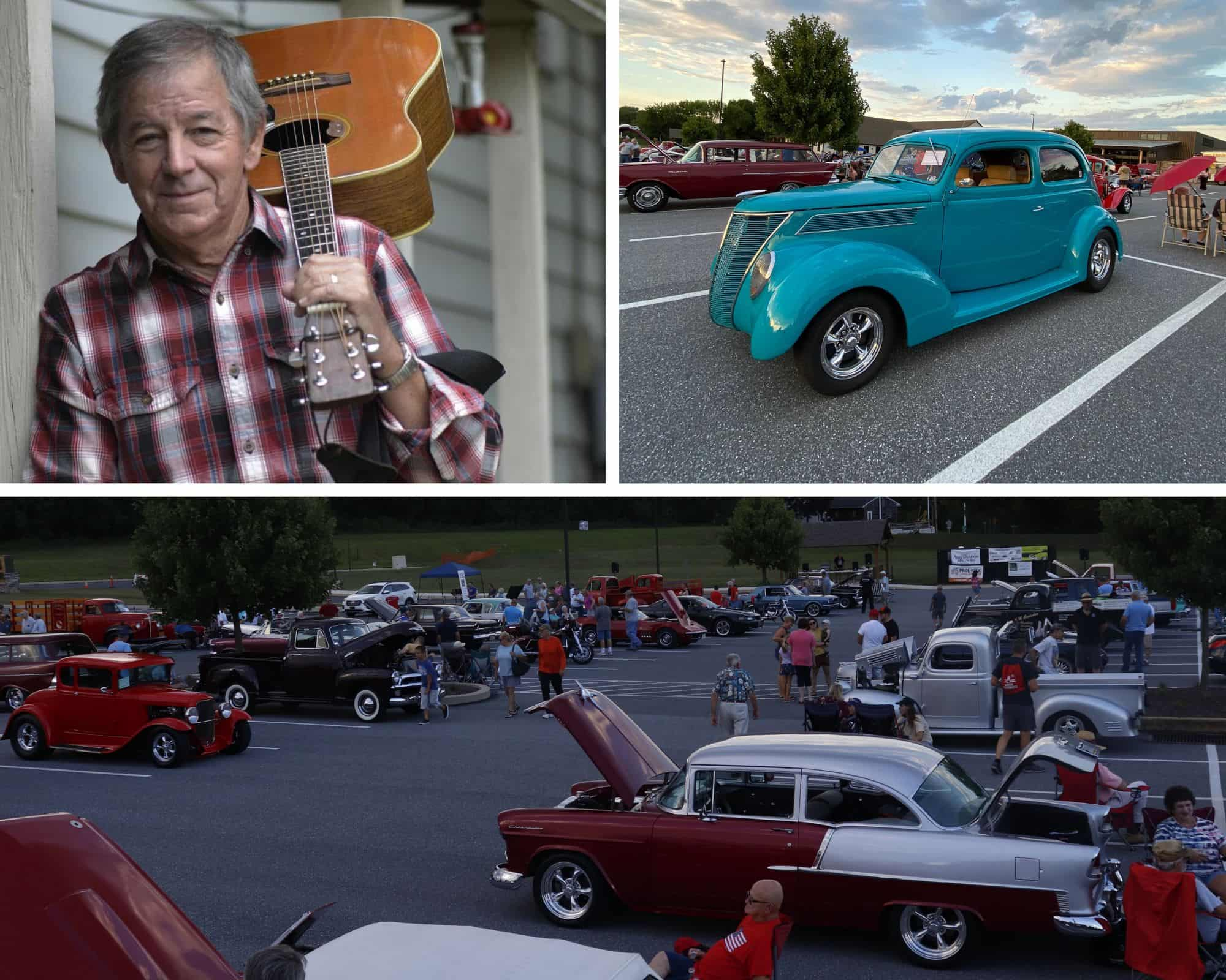 A collage of cars and a performer at UZRC's Rockin Car Cruise