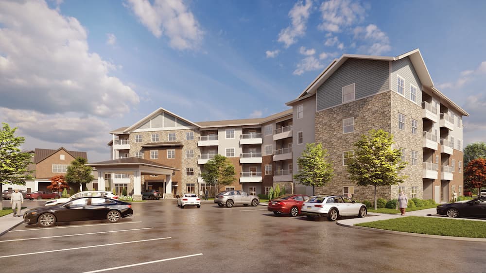 The exterior of UZRC's Cedar Heights Apartments on a sunny day.