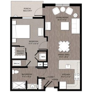 Apartment floor plan for Clay 1 at Cedar Heights. 