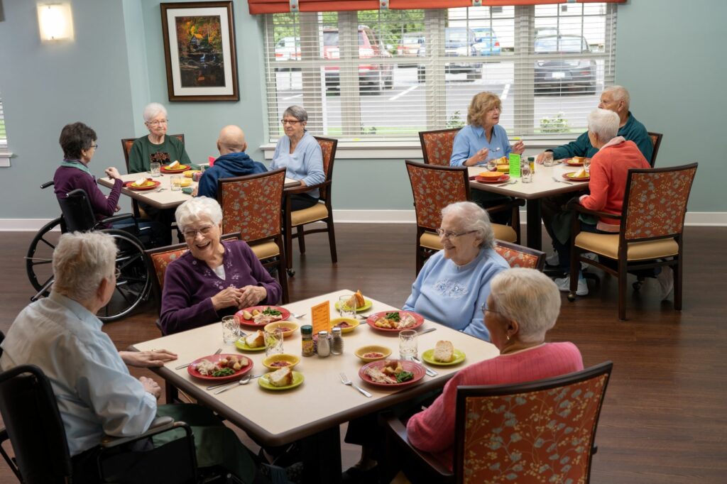 Residents from United Zion Retirement Community in Lititz, PA enjoying the amenities provided by UZRC's Short-Term Care Facility, including private rooms, inpatient therapy, dining, and recreational activites