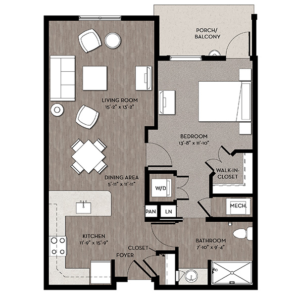 Apartment floor plan for Clay 2 at Cedar Heights. 