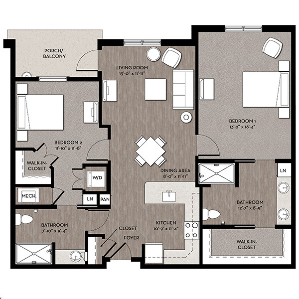 Apartment floor plan for Cocalico 4 at Cedar Heights. 