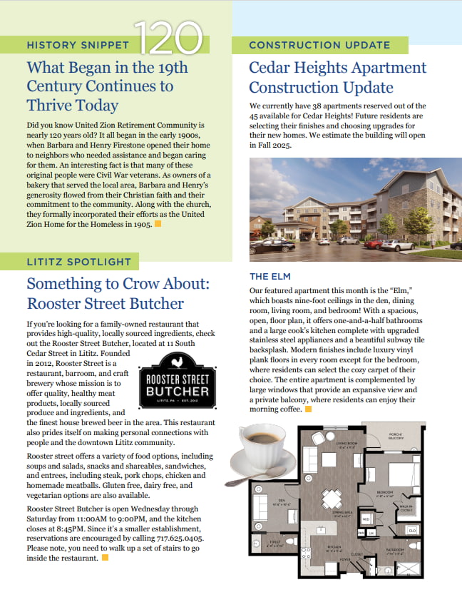 UZRC Hilltop Headlines fall 2024 newsletter page 3, highlighting local history, restaurants a construction update on the Cedar Heights Apartments, and more