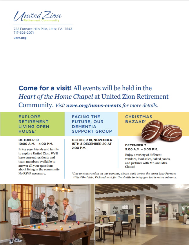 UZRC Hilltop Headlines Fall 2024 newsletter page 4, encouraging people to contact and visit United Zion Retirement Community today