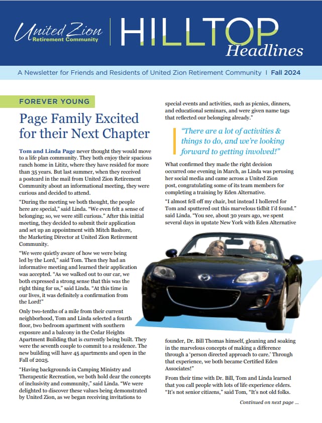 UZRC Hilltop Headlines fall 2024 newsletter page 1 featuring a testimonial from the Page Family